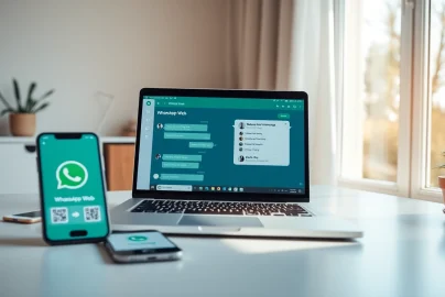 用户在舒适的办公室环境中通过笔记本使用 WhatsApp Web 的互动场景