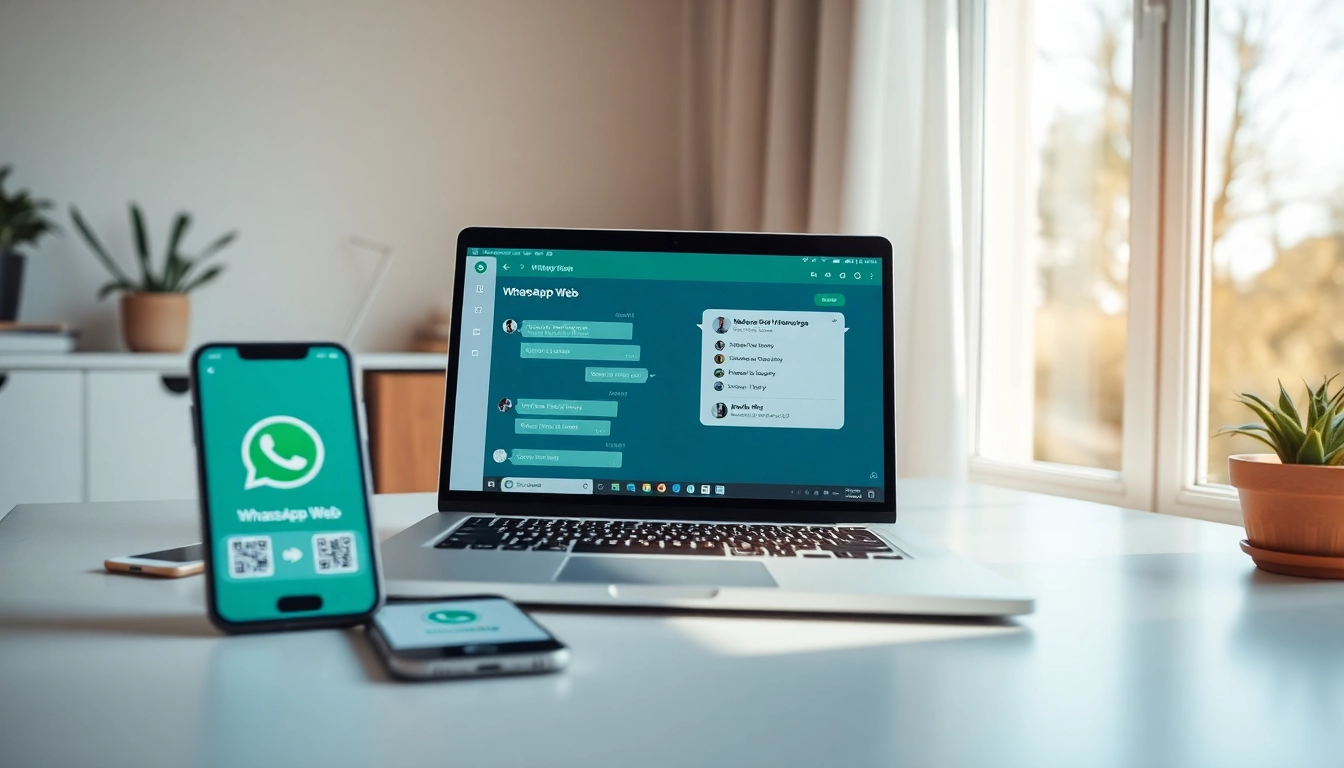用户在舒适的办公室环境中通过笔记本使用 WhatsApp Web 的互动场景