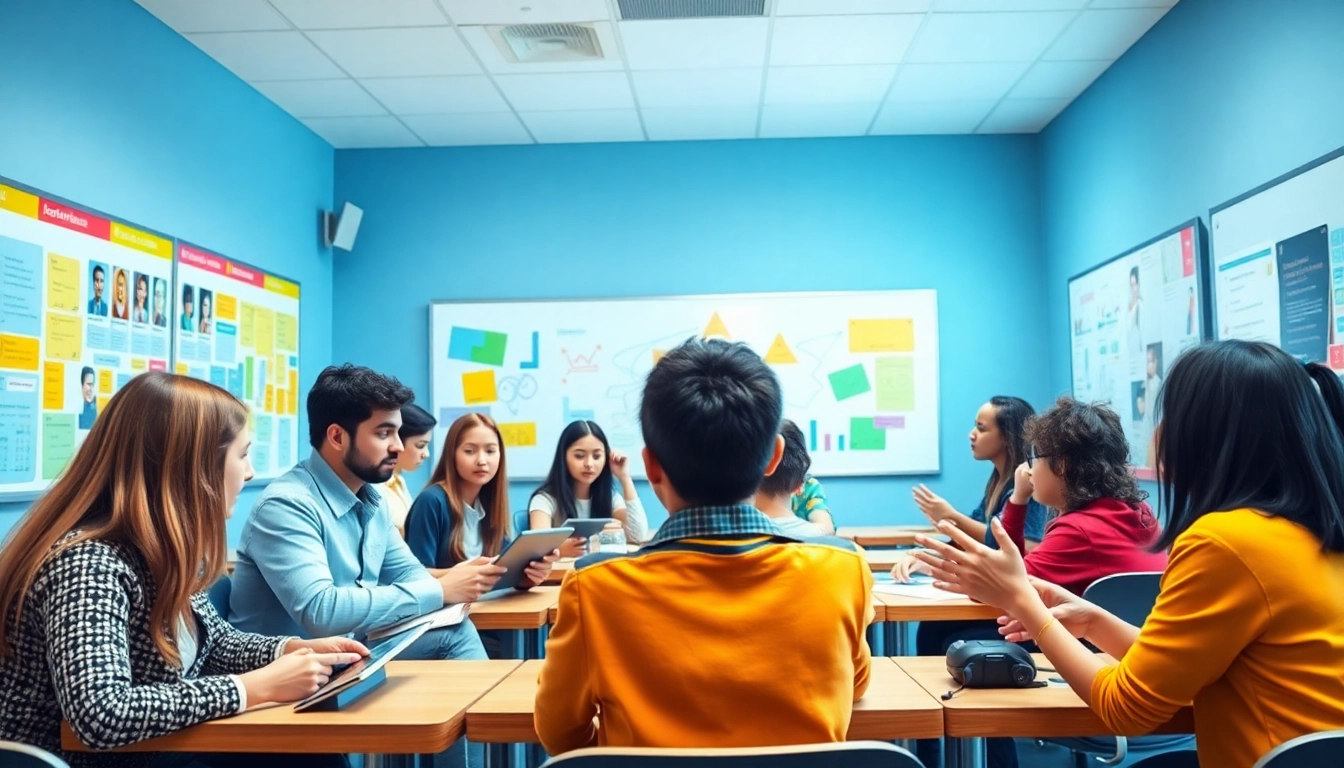 Education scene with diverse students collaborating in a vibrant classroom.