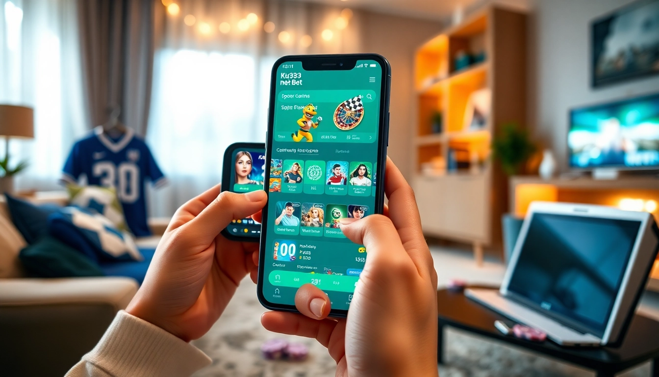 Tương tác với ứng dụng Ku3933 Net Bet trong một phòng khách ấm cúng, trình diễn các tùy chọn cược đầy màu sắc.