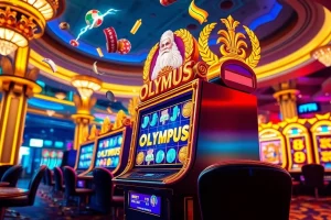 Engage with the olympus slot as players experience thrilling gameplay amidst elegant casino decor.