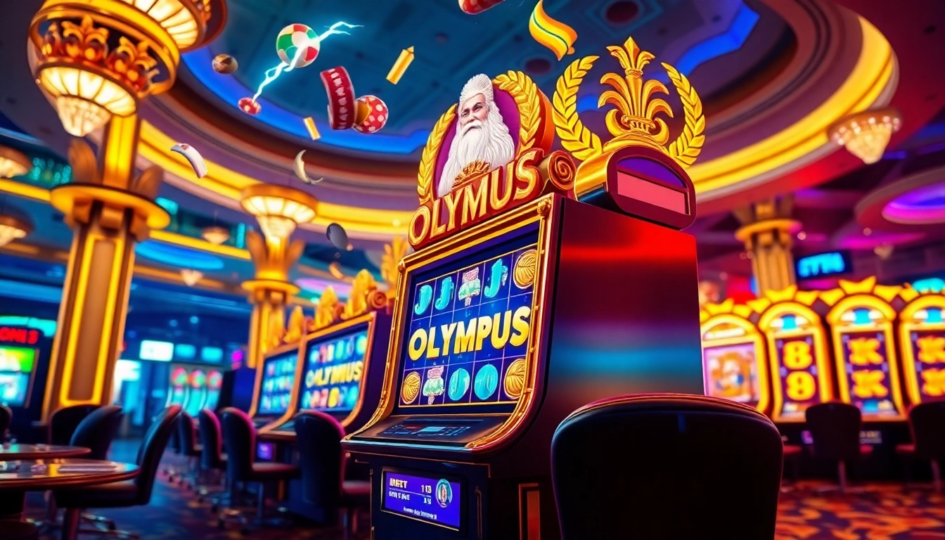 Engage with the olympus slot as players experience thrilling gameplay amidst elegant casino decor.