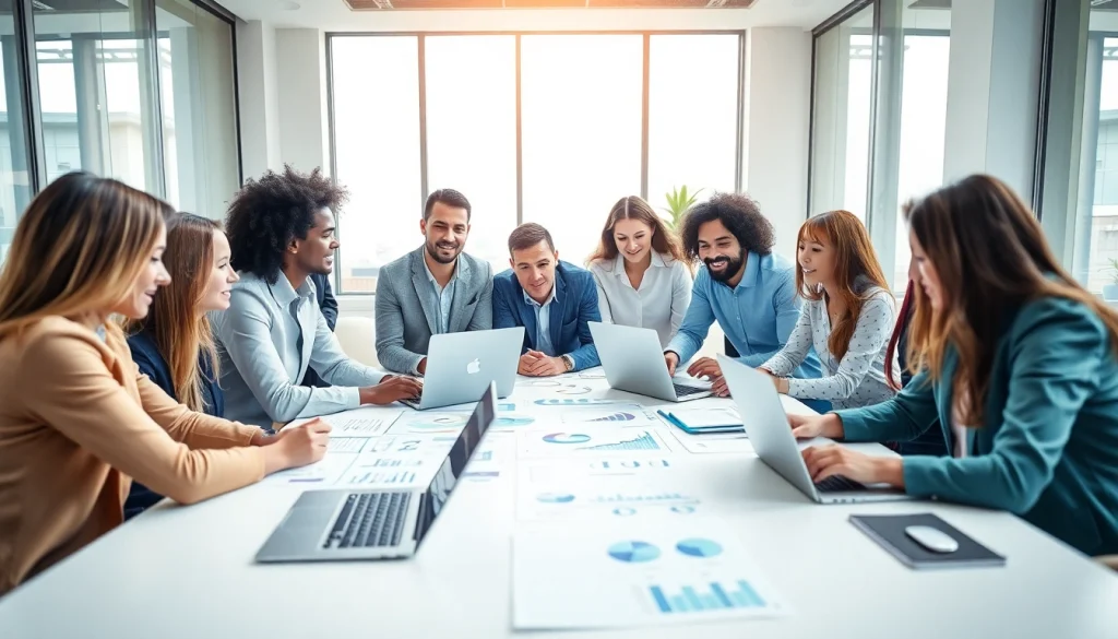 Collaborative team engaged in Business Marketing strategies in a modern office.