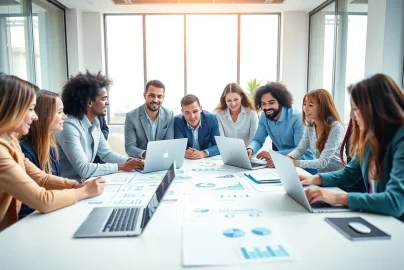 Collaborative team engaged in Business Marketing strategies in a modern office.