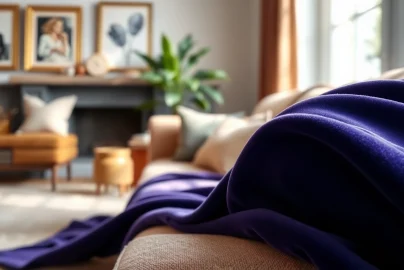 Ontdek stretch fluweel met rijke textuur op een stijlvol meubel, warm en uitnodigend.