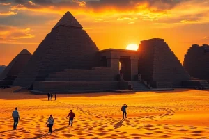 Witnessing stunning piraminds under a vibrant sunset with tourists exploring nearby.