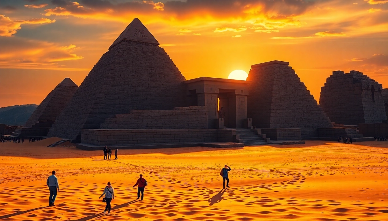 Witnessing stunning piraminds under a vibrant sunset with tourists exploring nearby.