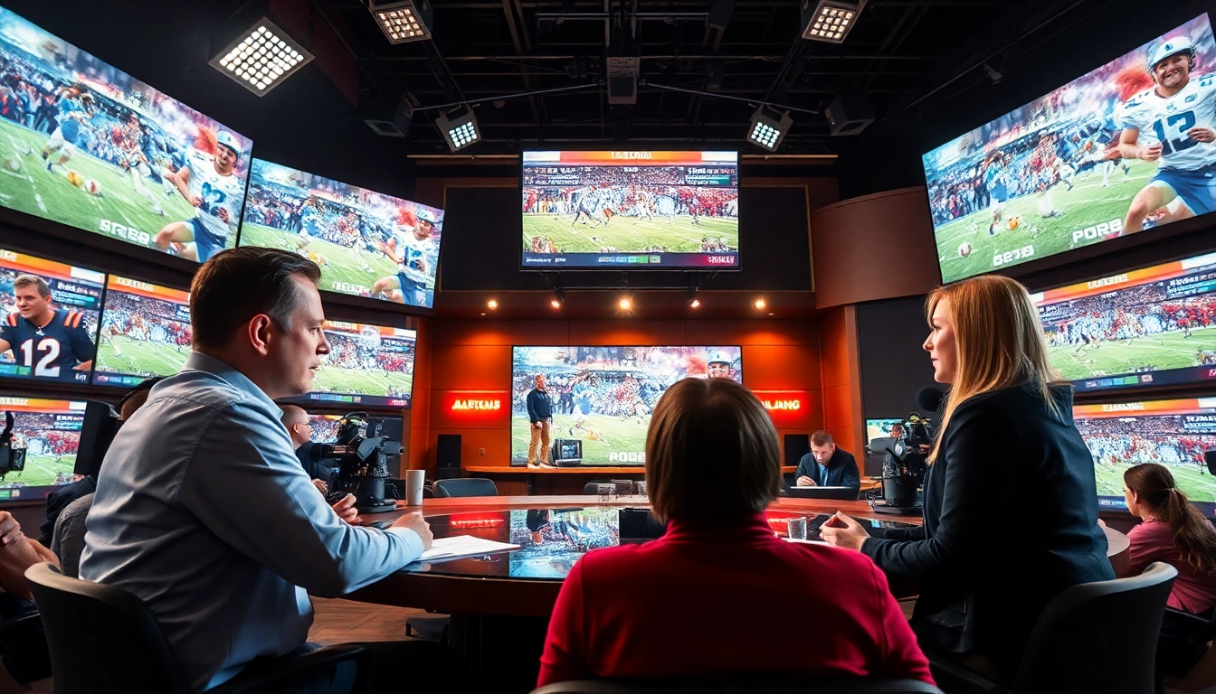Dynamic scene showcasing sports broadcasting with broadcasters analyzing live events.