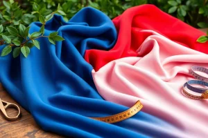 Verken de kenmerken van jersey stoffen met schaar en garen op een houten tafel.