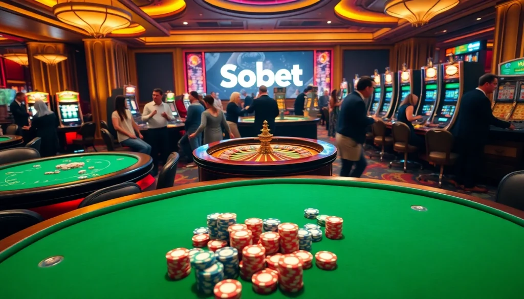 Engaging scene of gambling showcasing link alternatif sbobet with vibrant casino tables and excited players.