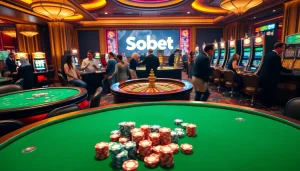 Engaging scene of gambling showcasing link alternatif sbobet with vibrant casino tables and excited players.