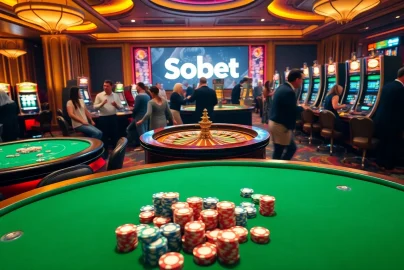 Engaging scene of gambling showcasing link alternatif sbobet with vibrant casino tables and excited players.