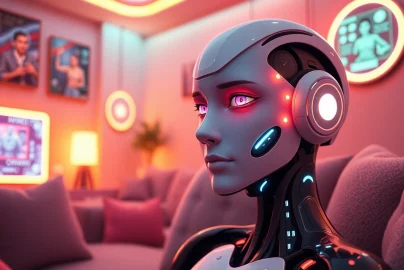 Engaging NSFW character AI chatbot in a cozy, futuristic setting