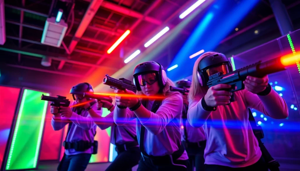 Engaged players participating in a thrilling Laser tag game in a vibrant arena.
