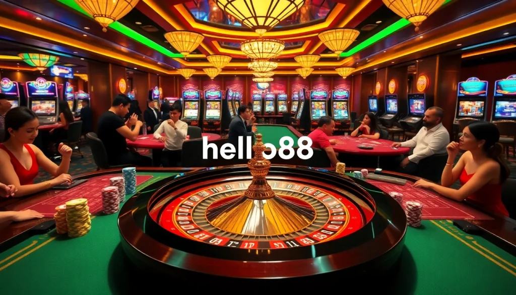 Experience the thrill of high-stakes gambling at hello88 casino with vibrant tables and a roulette wheel.
