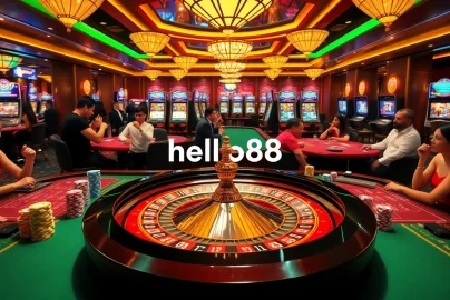 Experience the thrill of high-stakes gambling at hello88 casino with vibrant tables and a roulette wheel.