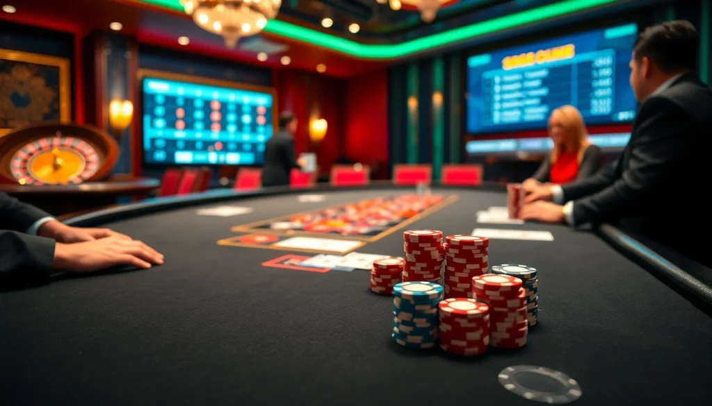 Sbobet link alternatif showcased in a vibrant casino scene with players at a blackjack table.