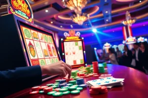 Ilustrasi gameplay demo slot Mahjong yang menarik menampilkan seorang pemain yang bersemangat dan elemen kasino yang hidup.