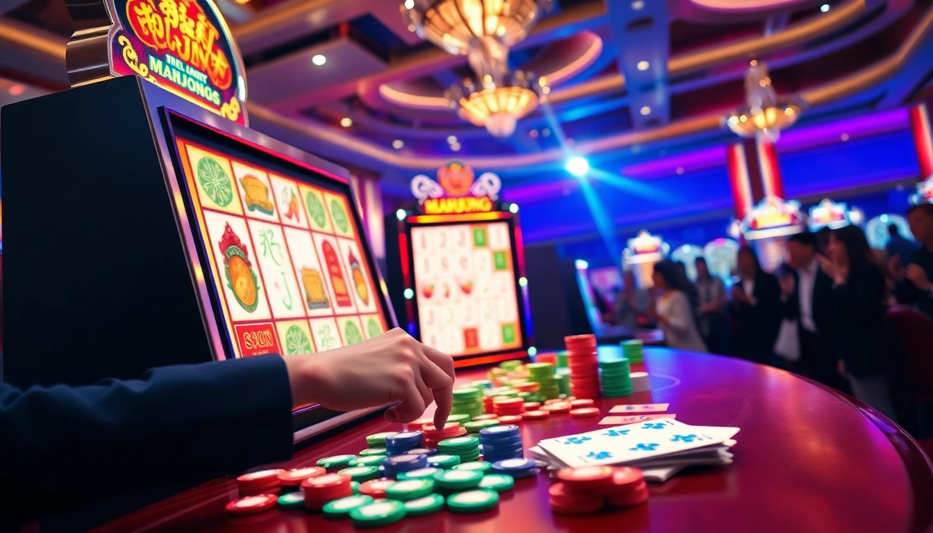 Ilustrasi gameplay demo slot Mahjong yang menarik menampilkan seorang pemain yang bersemangat dan elemen kasino yang hidup.