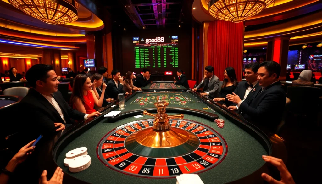 Players enjoying a thrilling roulette game at the luxurious good88 casino.