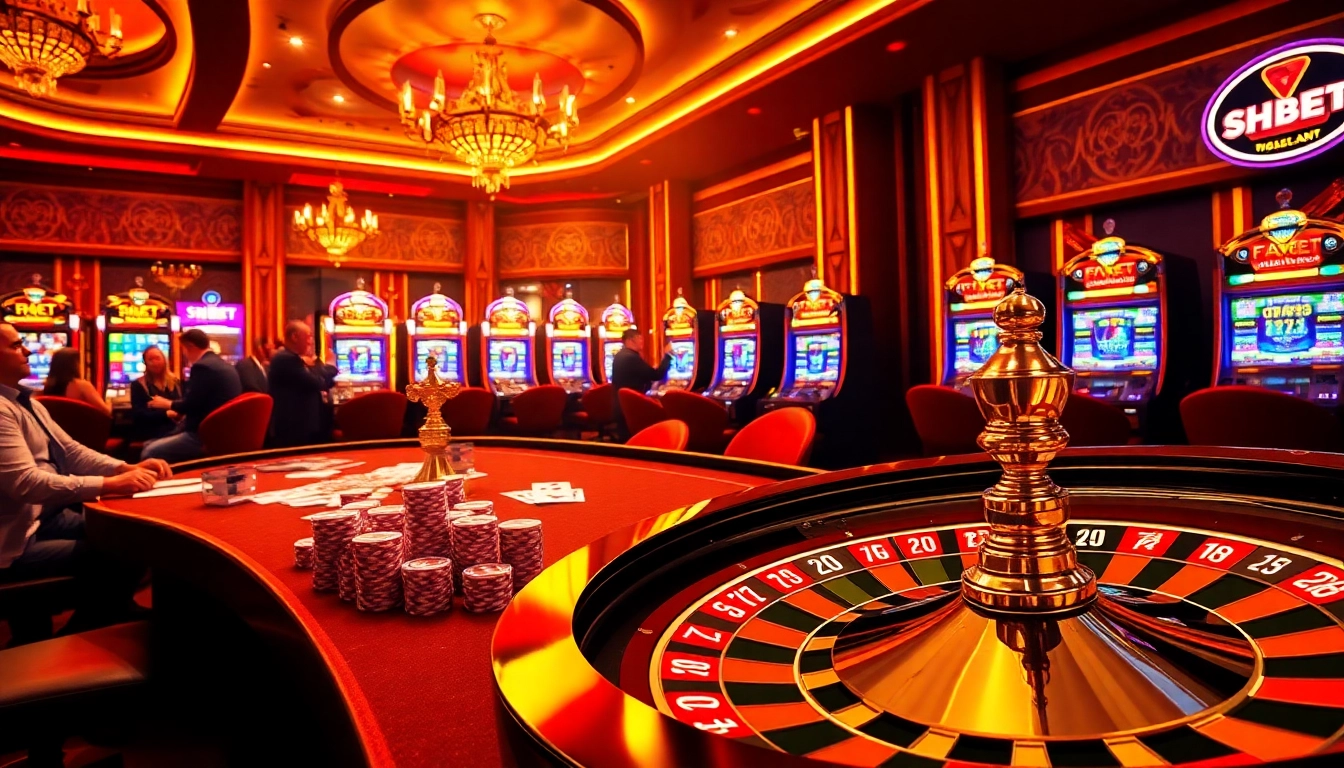 SHBET gaming table with players enjoying poker and a roulette wheel in a luxurious atmosphere.