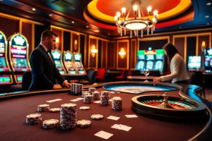 Scène de jeu enthousiasmante mettant en avant le casino en ligne argent réel avec poker, machines à sous et roulette.