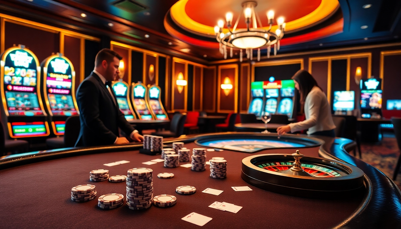 Scène de jeu enthousiasmante mettant en avant le casino en ligne argent réel avec poker, machines à sous et roulette.