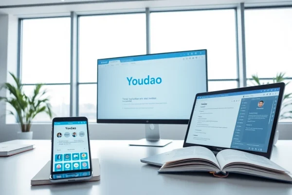 Youdao translation app interface on a sleek workspace desk, showcasing innovation in educational technology.