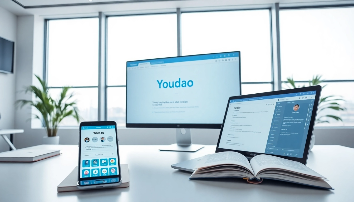 Youdao translation app interface on a sleek workspace desk, showcasing innovation in educational technology.