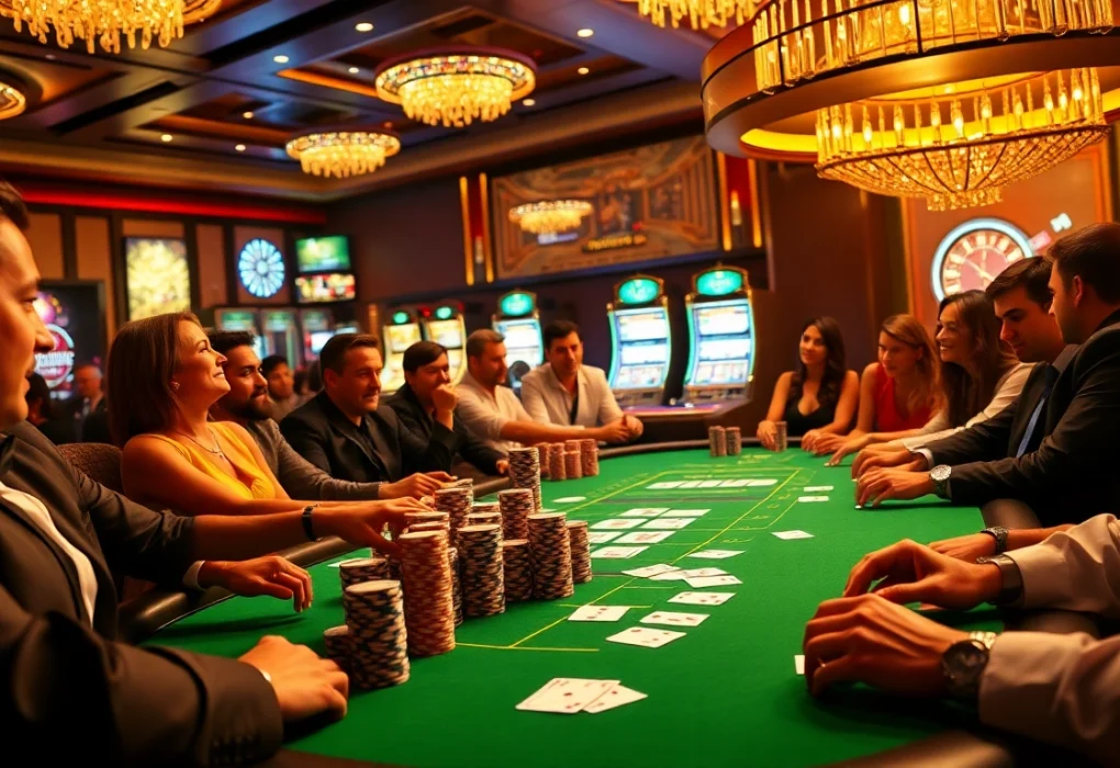 Participez à l'action aux meilleurs casinos en ligne avec des joueurs profitant du poker à enjeux élevés sous un éclairage élégant.