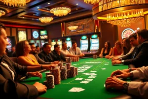 Participez à l'action aux meilleurs casinos en ligne avec des joueurs profitant du poker à enjeux élevés sous un éclairage élégant.