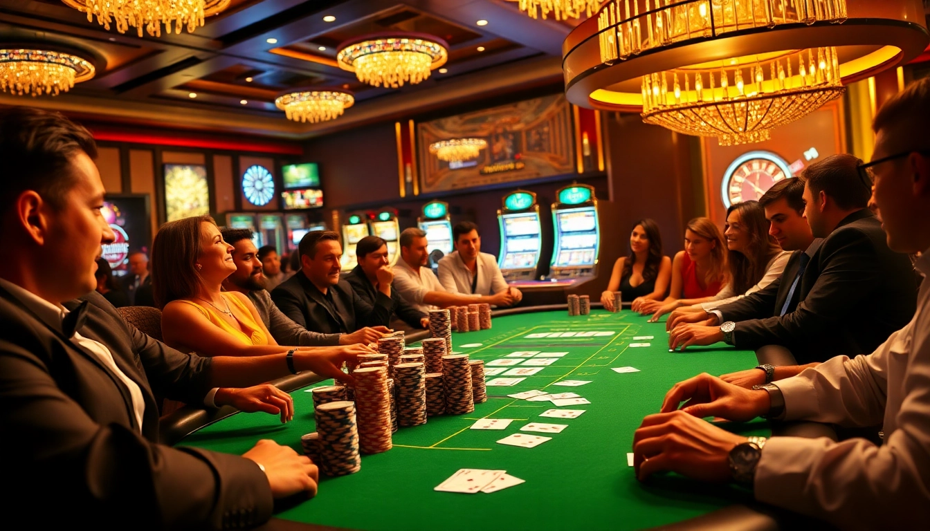 Participez à l'action aux meilleurs casinos en ligne avec des joueurs profitant du poker à enjeux élevés sous un éclairage élégant.