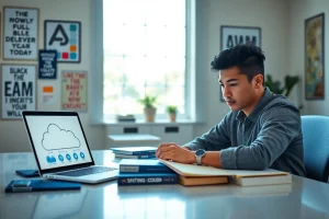 Get focused AWS exam help in a bright study environment showcasing diligence and determination.