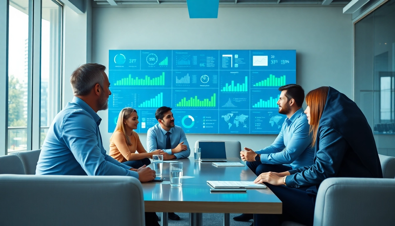 Capture a team strategizing B2B competitive intelligence with digital data in a bright conference room.