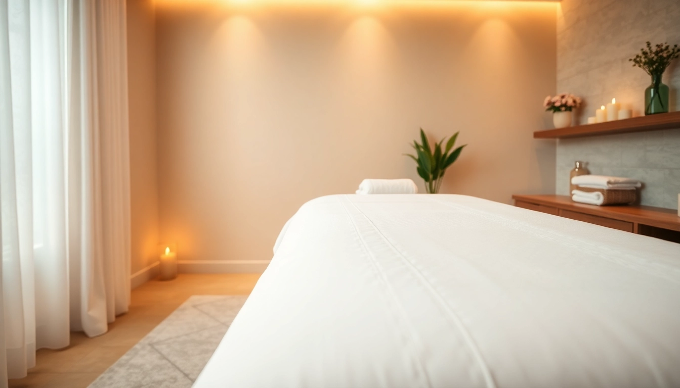 부드러운 리넨과 차분한 분위기로 디자인된 원주마사지용 편안한 마사지 치료실.