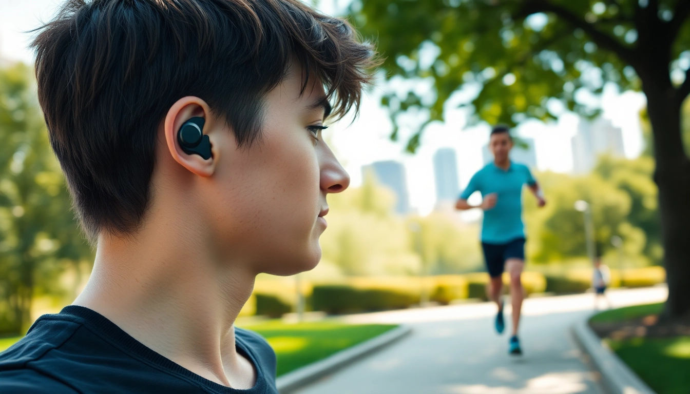 Experience the comfort of Bone X1 Bone Conduction Headphones while jogging in a vibrant city park.