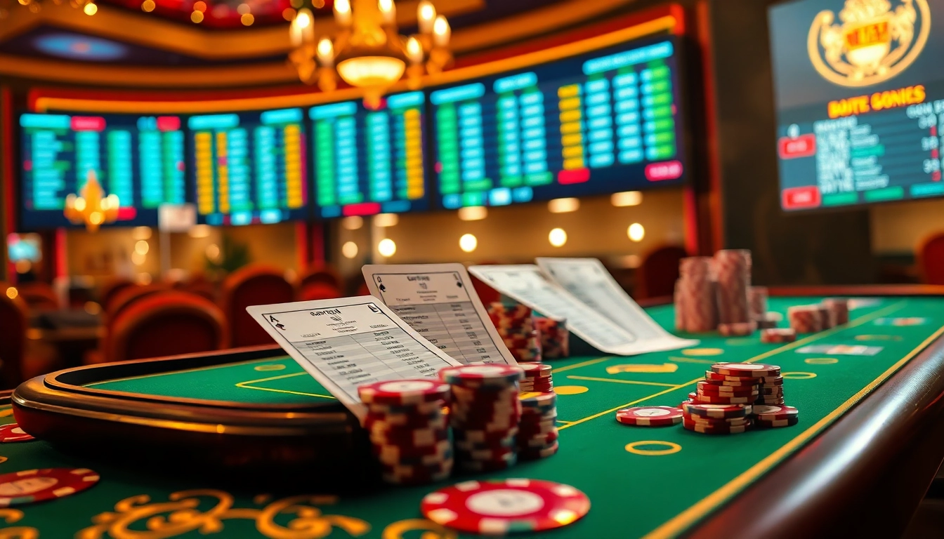 Situs bola online betting excitement with vibrant casino elements and live sports displays.