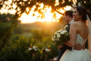 Capture stunning wedding photography of a couple in a romantic outdoor setting, showcasing joy and elegance.