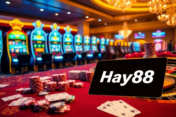 High-stakes gambling table featuring Hay88 poker chips and cards in a luxurious casino setting.