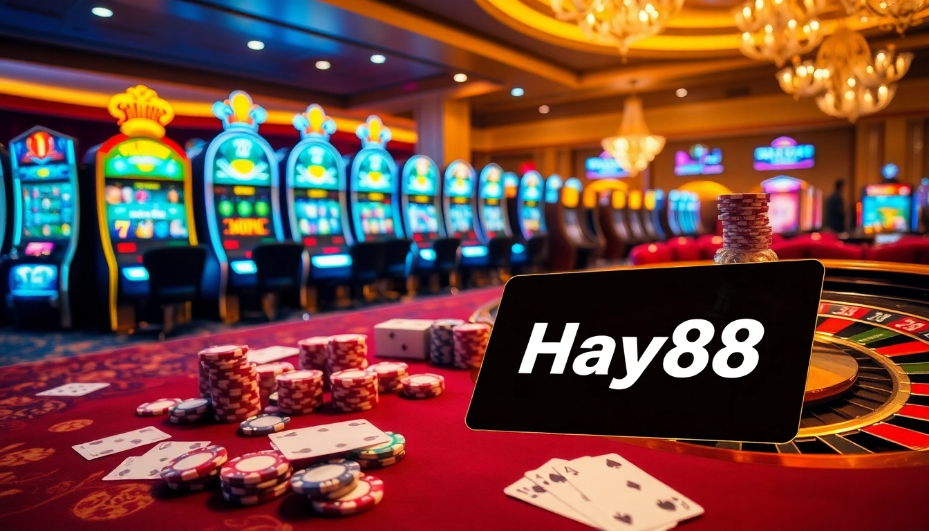 High-stakes gambling table featuring Hay88 poker chips and cards in a luxurious casino setting.