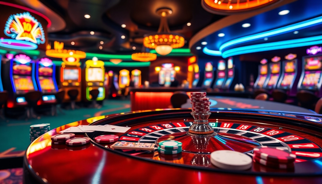Vivez l'excitation des meilleurs casino en ligne avec une table de roulette vibrante et des jetons de poker éparpillés.