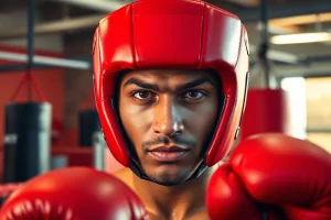 Aktiver Boxer mit modernem headgear boxing zur Verbesserung der Sicherheit im Training.