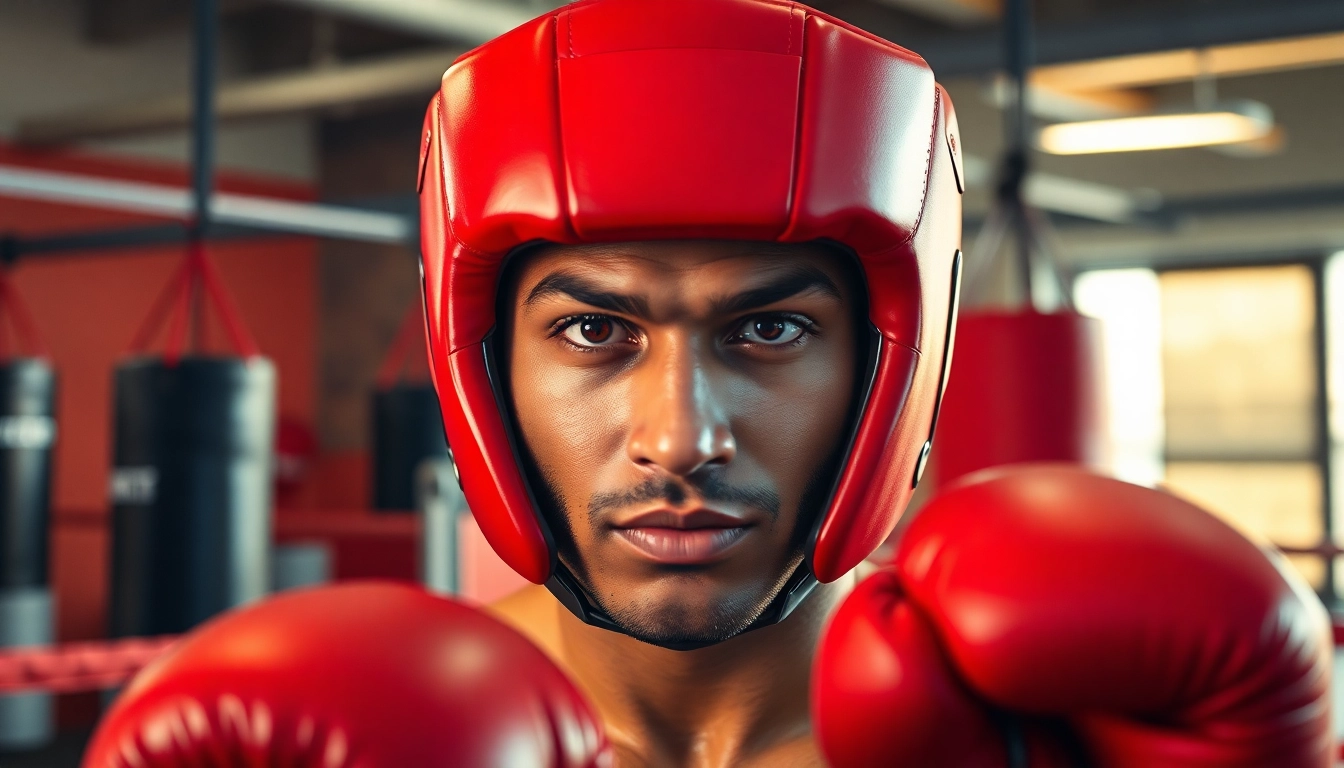 Aktiver Boxer mit modernem headgear boxing zur Verbesserung der Sicherheit im Training.