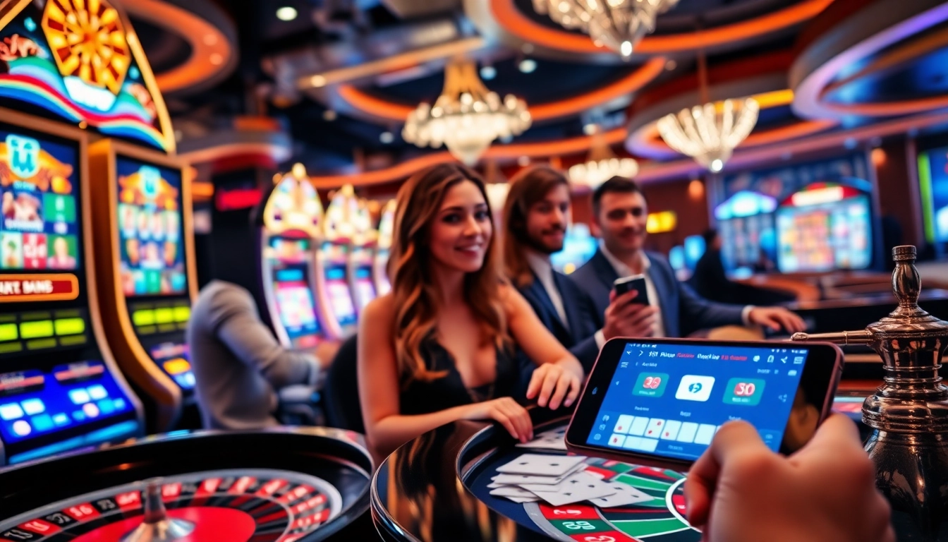 Scène excitante au meilleurs casino en ligne avec des tables de jeu vibrantes et des joueurs.