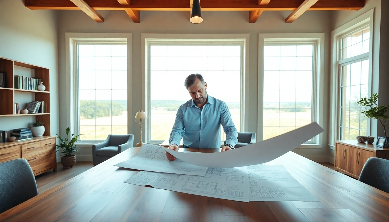 New England residential architect analyzing detailed blueprints in a modern office setting.