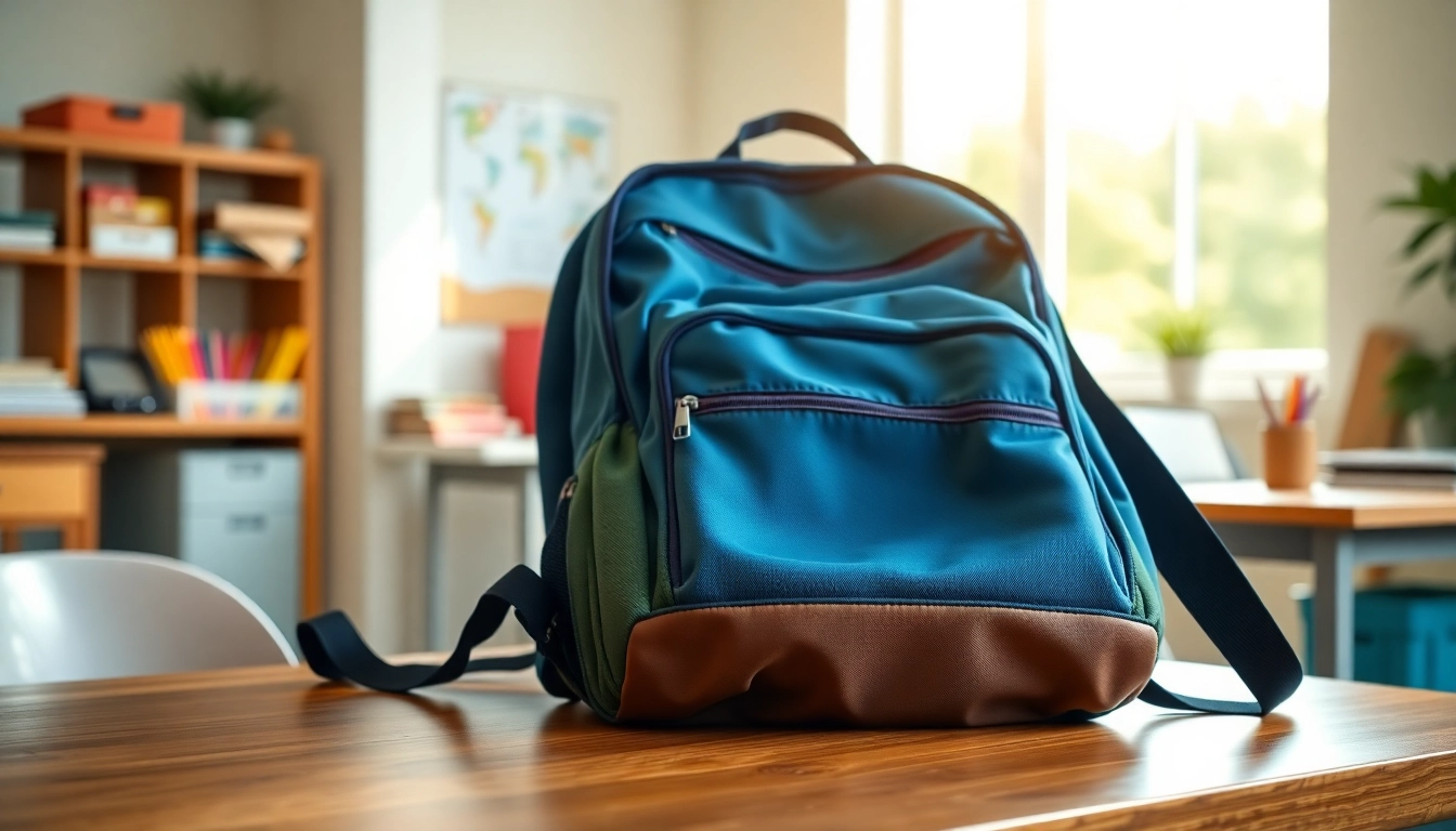 Elegante Handtasche für Schulen auf einem Schreibtisch mit Schulmaterialien