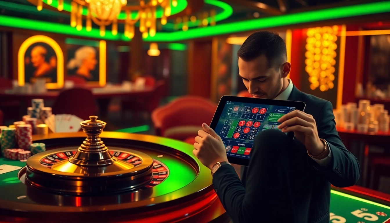 Vivre l'excitation des meilleurs casinos en ligne avec une roue de roulette numérique vibrante et des jetons de poker.