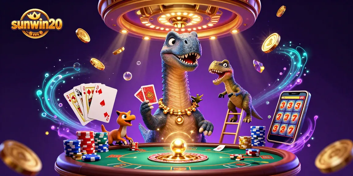 Experience exhilarating wins at sunwin20 with a vibrant casino scene featuring playful characters and dynamic gaming elements.