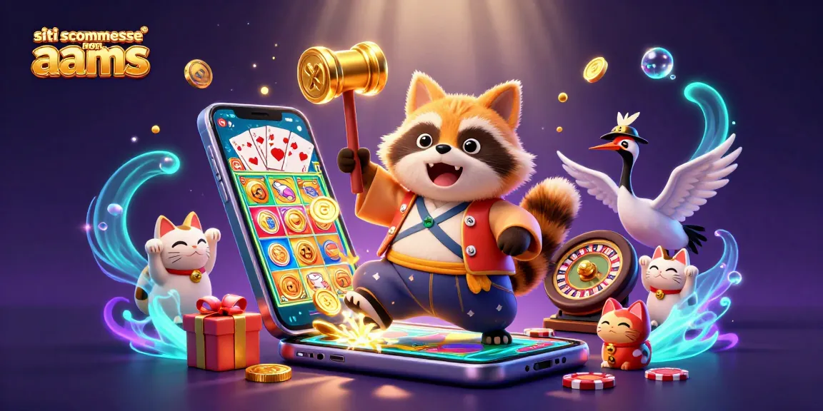 Scommetti con i migliori siti scommesse non AAMS, in un'illustrazione vivace con un tanuki e simboli fortunati.