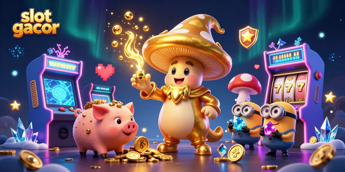 Engage with slot gacor games featuring a golden mushroom wizard, truffle pig, and vibrant 3D arcade elements.